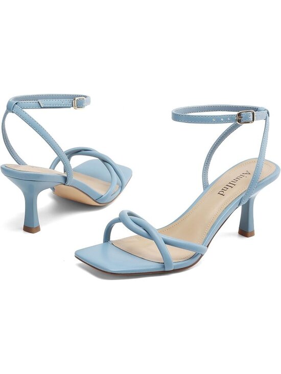 Women\'s Blue Kitten Low Heel Square Open Toe Adjustable Ankle Strap Sandals